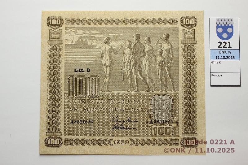 k-0221-a.jpg - Kohde 221 (kuva 1/2), l�ht�hinta: 180 &euro; / ei tarjouksia 100 mk 1939 LD SNY 179.2 A3601623 HEU-Wah, vl2, ex-SNY, kunto: 10