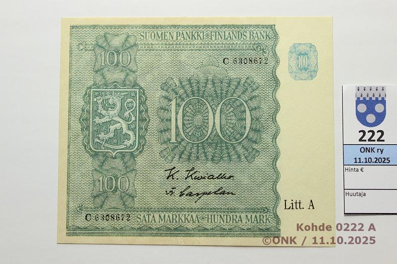 k-0222-a.jpg - Kohde 222 (kuva 1/2), lhthinta: 50 € / myyntihinta: 50 € 100 mk 1945 LA SNY 180.1.1 C6308672 KIV-Car, kunto: 8