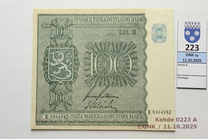 k-0223-a.jpg - Kohde 223 (kuva 1/2), l�ht�hinta: 20 &euro; / myyntihinta: 20 &euro; 100 mk 1945 LB SNY 180.2.1 E8364980 RAI-Als, kunto: 7