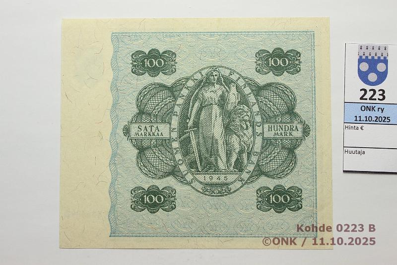 k-0223-b.jpg - Kohde 223 (kuva 2/2), lhthinta: 20 € / myyntihinta: 20 € 100 mk 1945 LB SNY 180.2.1 E8364980 RAI-Als, kunto: 7