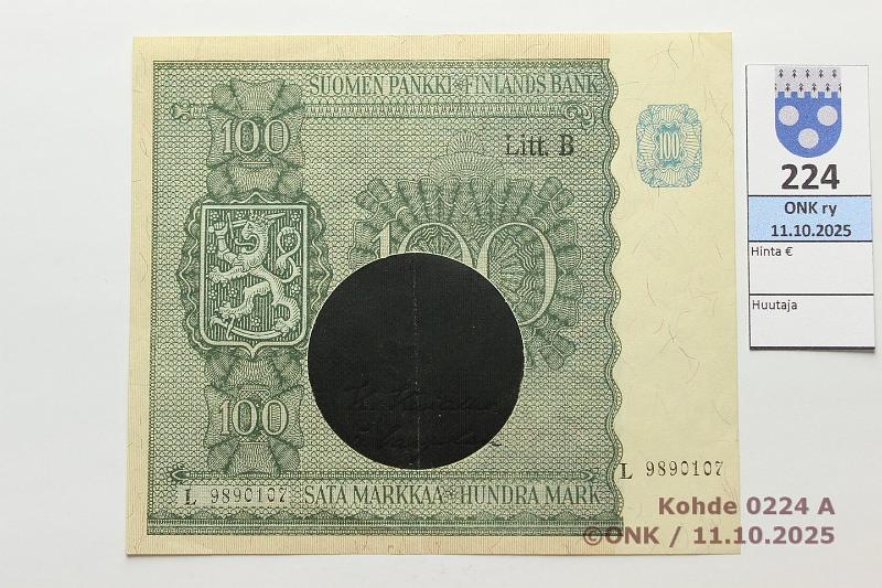 k-0224-a.jpg - Kohde 224 (kuva 1/2), l�ht�hinta: 1200 &euro; / ei tarjouksia 100 mk 1945 LB SNY 180.2.1 L9890107 KIV-Car, setelipaperin korjausmerkki, ex-SNY, kunto: 8