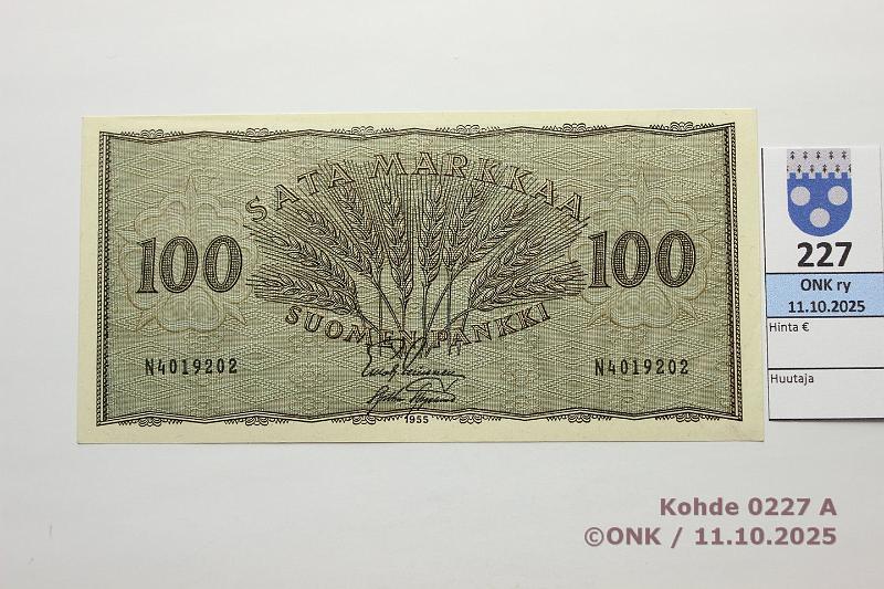 k-0227-a.jpg - Kohde 227 (kuva 1/2), lhthinta: 15 € / myyntihinta: 17 € 100 mk 1955 SNY 181.1.1 N4019202 LEI-AAs, kunto: 8