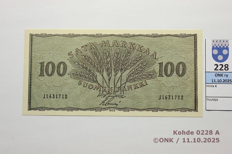 k-0228-a.jpg - Kohde 228 (kuva 1/2), lhthinta: 30 € / myyntihinta: 32 € 100 mk 1955 SNY 181.1.1 J1631712 JUT-Sac, kunto: 10
