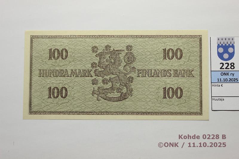 k-0228-b.jpg - Kohde 228 (kuva 2/2), lhthinta: 30 € / myyntihinta: 32 € 100 mk 1955 SNY 181.1.1 J1631712 JUT-Sac, kunto: 10