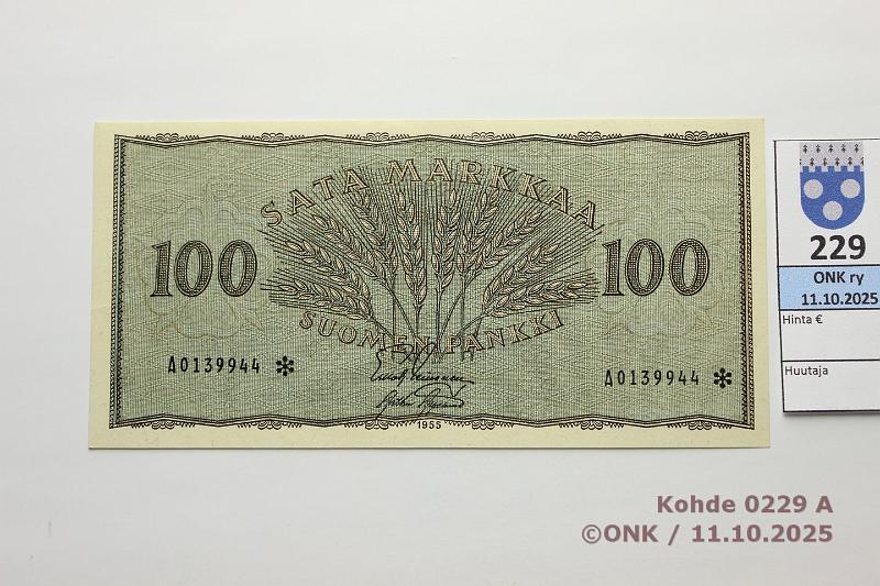 k-0229-a.jpg - Kohde 229 (kuva 1/2), l�ht�hinta: 80 &euro; / myyntihinta: 80 &euro; 100 mk 1955 A* SNY 181.2 A0139944* LEI-AAs, korvaava, kunto: 9