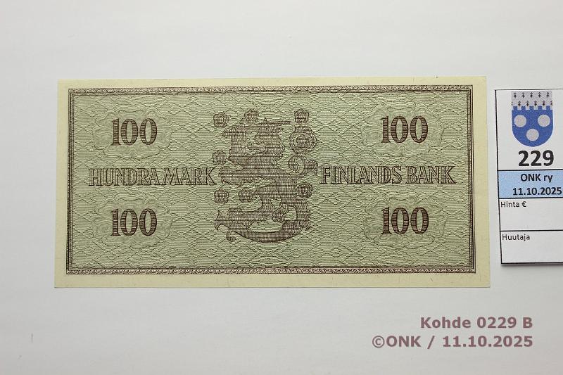 k-0229-b.jpg - Kohde 229 (kuva 2/2), l�ht�hinta: 80 &euro; / myyntihinta: 80 &euro; 100 mk 1955 A* SNY 181.2 A0139944* LEI-AAs, korvaava, kunto: 9