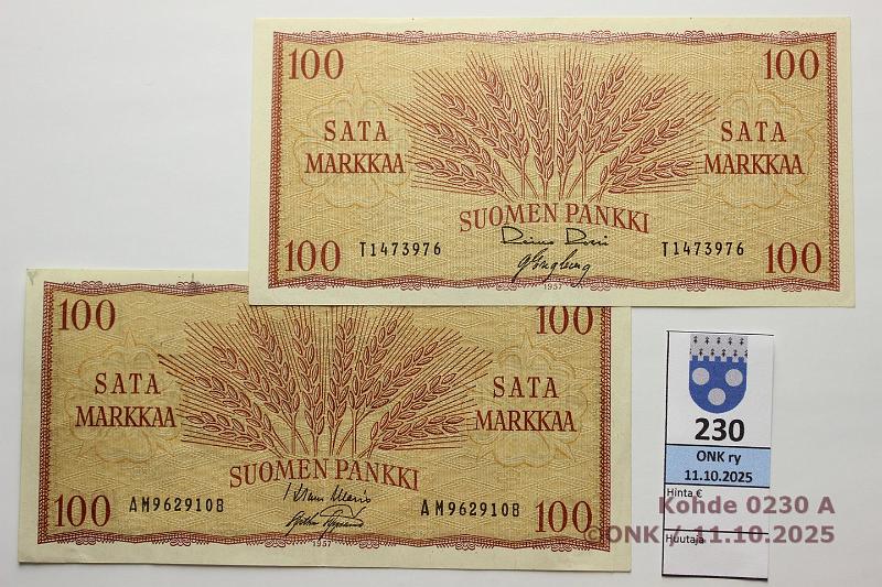 k-0230-a.jpg - Kohde 230, l�ht�hinta: 12 &euro; / myyntihinta: 14 &euro; 100 mk 1957 (2) SNY 182.1.1 T
RO I-Eng, AM
WAR-AAs, kunto: 8, 5