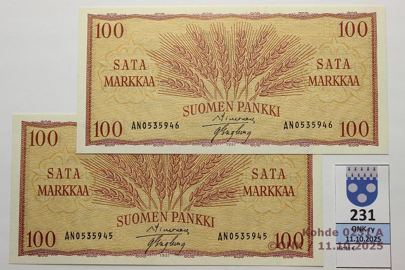 k-0231-a.jpg - Kohde 231, lhthinta: 30 € / myyntihinta: 34 € 100 mk 1957 (2) SNY 182.1.1 AN0535945-46 SIM-Eng, 2 perk., kunto: 10