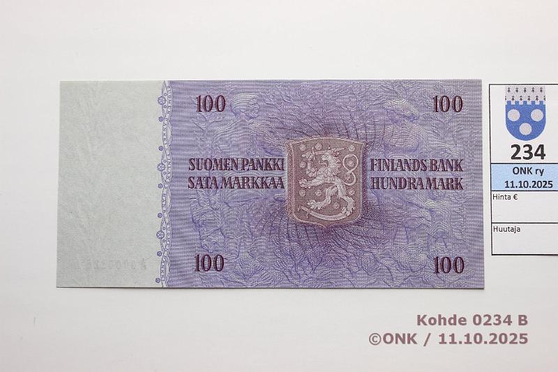k-0234-b.jpg - Kohde 234 (kuva 2/2), lhthinta: 150 € / myyntihinta: 150 € 100 mk 1963 SNY 183.1.1 A0000128 WAR-AAs, pieni n:o, kunto: 9