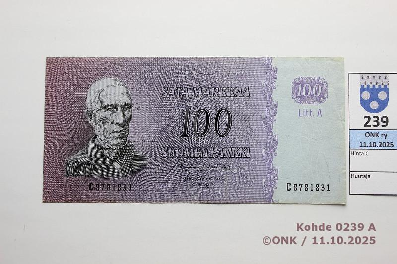 k-0239-a.jpg - Kohde 239, lhthinta: 15 € / myyntihinta: 15 € 100 mk 1963 LA SNY 183.3.1 C8781831 HET-Tam, matta, kunto: 5