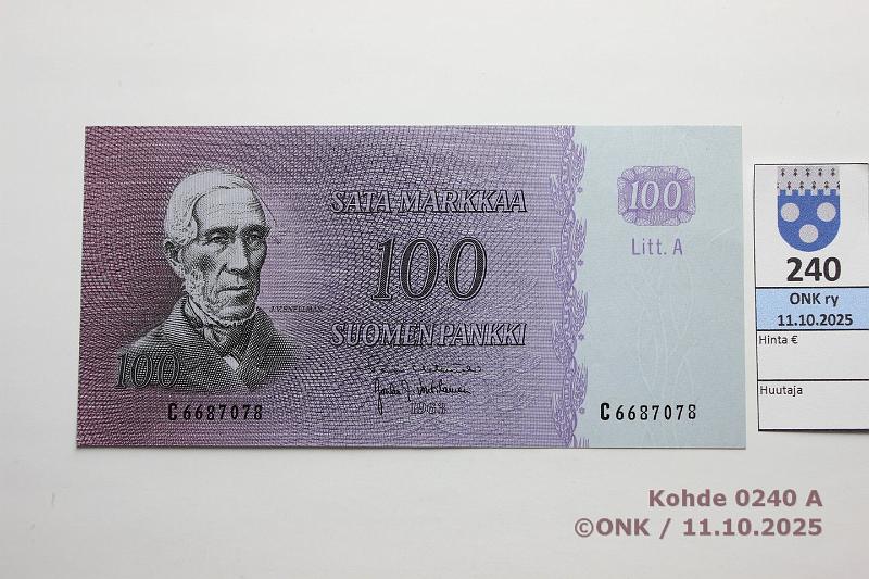 k-0240-a.jpg - Kohde 240 (kuva 1/2), l�ht�hinta: 25 &euro; / myyntihinta: 25 &euro; 100 mk 1963 LA SNY 183.3.1 C6687078 HET-Vou, keski- ja nurkkataite, pintaeloa, kunto: 7