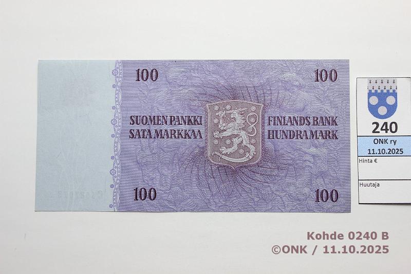 k-0240-b.jpg - Kohde 240 (kuva 2/2), l�ht�hinta: 25 &euro; / myyntihinta: 25 &euro; 100 mk 1963 LA SNY 183.3.1 C6687078 HET-Vou, keski- ja nurkkataite, pintaeloa, kunto: 7