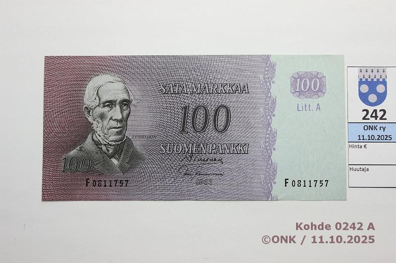 k-0242-a.jpg - Kohde 242 (kuva 1/2), l�ht�hinta: 45 &euro; / ei tarjouksia 100 mk 1963 LA SNY 183.3.1 F0811757 SIM-Tam, kunto: 9