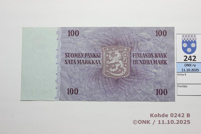 k-0242-b.jpg - Kohde 242 (kuva 2/2), lhthinta: 45 € / ei tarjouksia 100 mk 1963 LA SNY 183.3.1 F0811757 SIM-Tam, kunto: 9