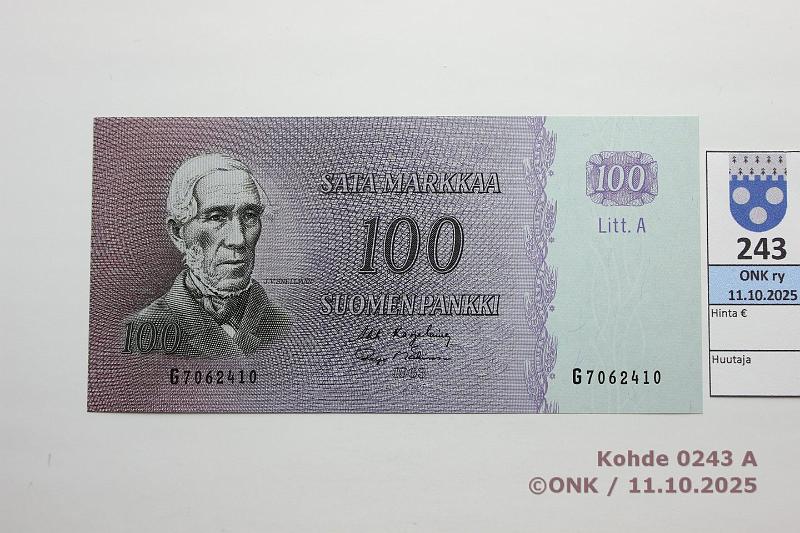 k-0243-a.jpg - Kohde 243 (kuva 1/2), lhthinta: 45 € / myyntihinta: 46 € 100 mk 1963 LA SNY 183.3.1 G7062410 KA I-M1, kunto: 9