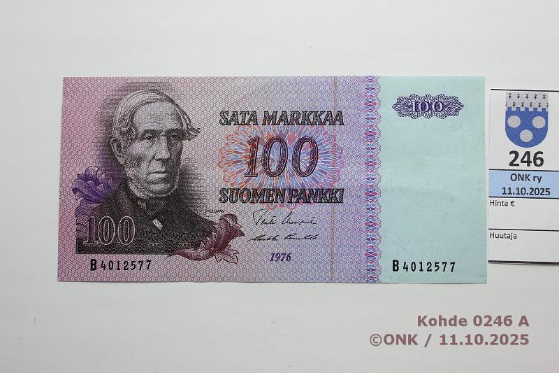 k-0246-a.jpg - Kohde 246 (kuva 1/2), lhthinta: 18 € / myyntihinta: 18 € 100 mk 1976 SNY 184.1.1 B4012577 UUS-Pu1, kunto: 6