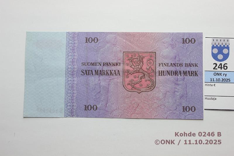 k-0246-b.jpg - Kohde 246 (kuva 2/2), l�ht�hinta: 18 &euro; / myyntihinta: 18 &euro; 100 mk 1976 SNY 184.1.1 B4012577 UUS-Pu1, kunto: 6