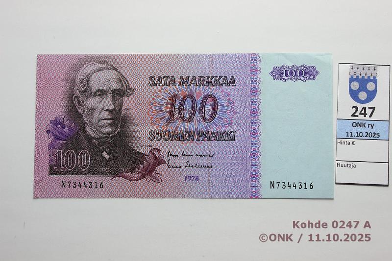 k-0247-a.jpg - Kohde 247, l�ht�hinta: 22 &euro; / myyntihinta: 23 &euro; 100 mk 1976 SNY 184.1.1 N7344316 LIN-Hes, kunto: 8