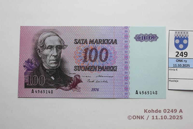 k-0249-a.jpg - Kohde 249, lhthinta: 32 € / myyntihinta: 32 € 100 mk 1976 SNY 184.1.1 A4565148 AL I-Ko1, kunto: 9