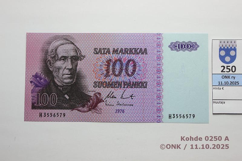 k-0250-a.jpg - Kohde 250 (kuva 1/2), lhthinta: 35 € / ei tarjouksia 100 mk 1976 SNY 184.1.1 H3556579 KO II-Hes, kunto: 10