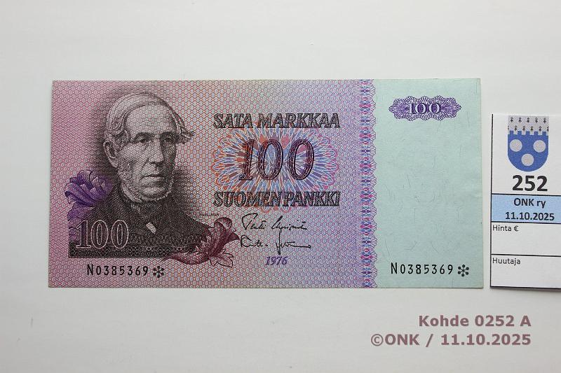 k-0252-a.jpg - Kohde 252, lhthinta: 30 € / ei tarjouksia 100 mk 1976 N* SNY 184.2.4 N0385369* UUS-Leh, korvaava, matta, kulmataitteet, kunto: 7