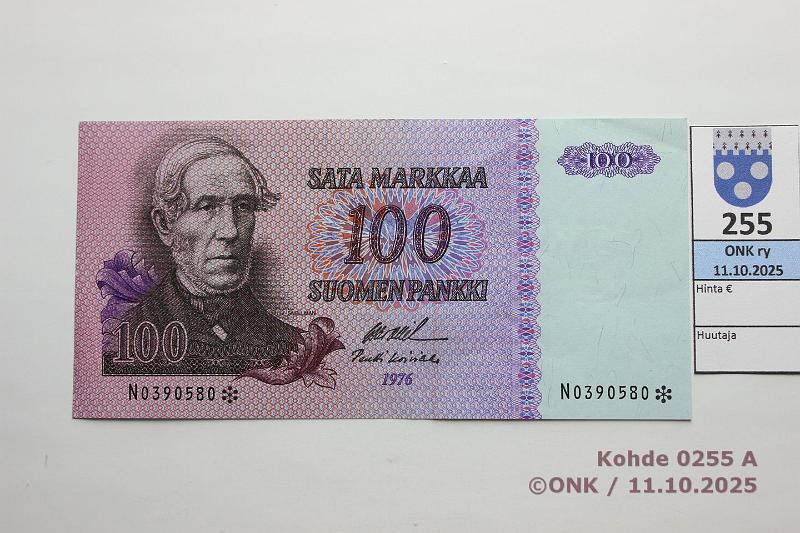 k-0255-a.jpg - Kohde 255 (kuva 1/2), l�ht�hinta: 35 &euro; / ei tarjouksia 100 mk 1976 N* SNY 184.2.4 N0390580* OL I-Ko1, korvaava, kunto: 7