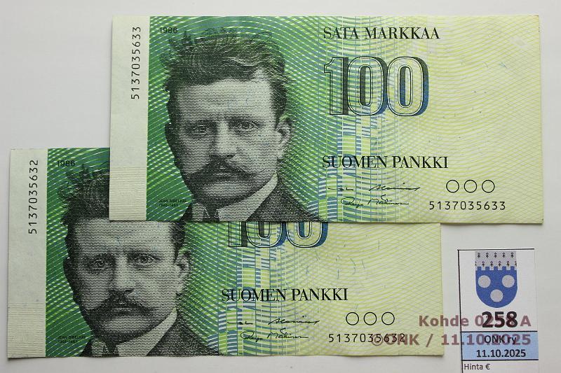 k-0258-a.jpg - Kohde 258 (kuva 1/2), l�ht�hinta: 20 &euro; / ei tarjouksia 100 mk 1986 (2) SNY 185.1.1 5137035632-33 AL I-M�1, 2 per�k., laineita, kunto: 6