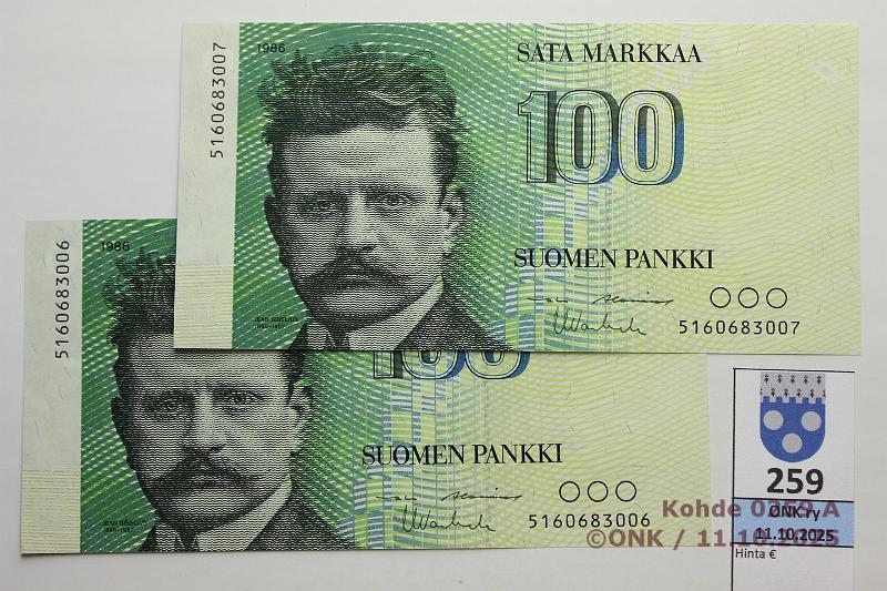 k-0259-a.jpg - Kohde 259 (kuva 1/2), lhthinta: 40 € / myyntihinta: 47 € 100 mk 1986 (2) SNY 185.1.1 5160683006-07 AL I-Va1, 2 perk., kunto: 9