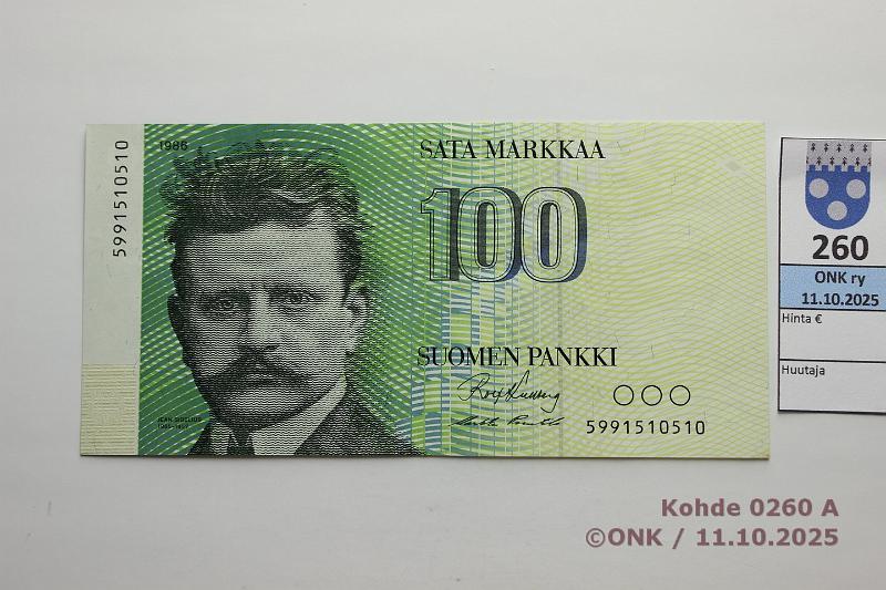 k-0260-a.jpg - Kohde 260 (kuva 1/2), lhthinta: 45 € / ei tarjouksia 100 mk 1986 599-sarja SNY 185.2 5991510510 KU I -Pu1, korvaava, kunto: 7