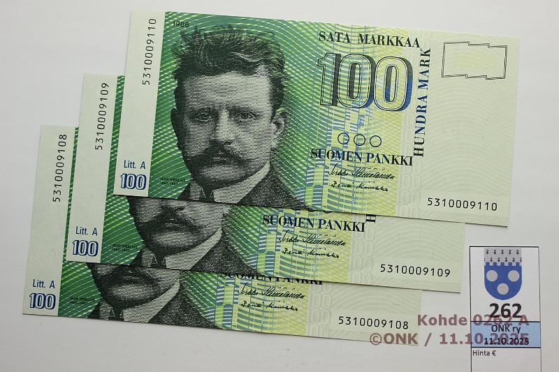 k-0262-a.jpg - Kohde 262 (kuva 1/2), lhthinta: 50 € / myyntihinta: 57 € 100 mk 1986 LA (3) SNY 185.3 5310009108-10 H II-Ko2, 3 perk., painumaa, kunto: 9