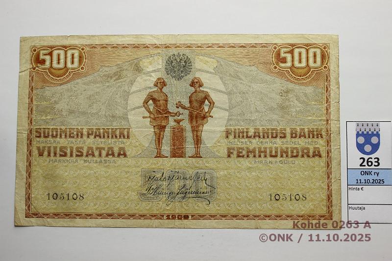 k-0263-a.jpg - Kohde 263 (kuva 1/2), l�ht�hinta: 40 &euro; / myyntihinta: 40 &euro; 500 mk 1909 KV SNY 188.2 1(0)5108 J�R-His, 9 muutettu 0:ksi, kunto: 4