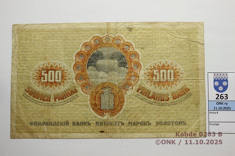 k-0263-b.jpg - Kohde 263 (kuva 2/2), l�ht�hinta: 40 &euro; / myyntihinta: 40 &euro; 500 mk 1909 KV SNY 188.2 1(0)5108 J�R-His, 9 muutettu 0:ksi, kunto: 4