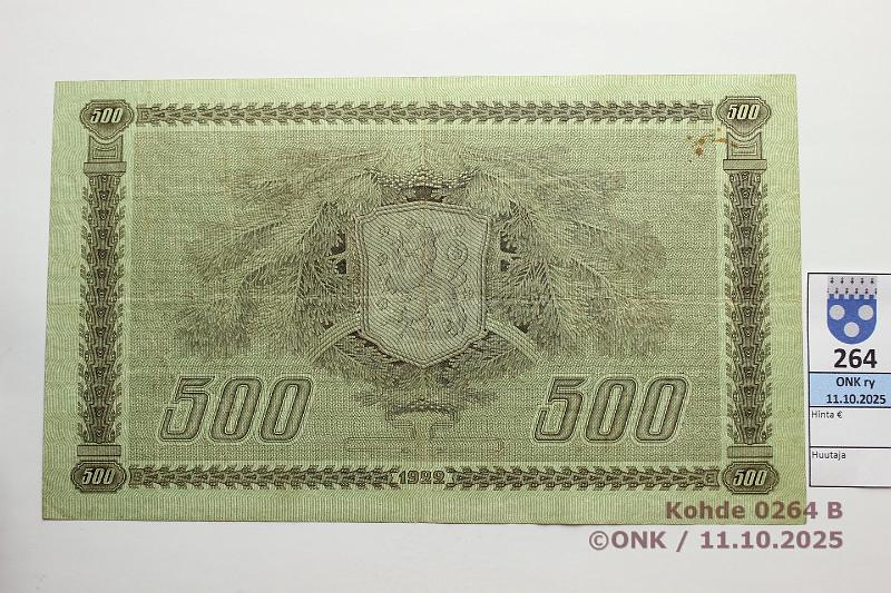 k-0264-b.jpg - Kohde 264 (kuva 2/2), lhthinta: 1000 € / ei tarjouksia 500 mk 1922 SNY 189.1.1 A368380 RYT-Ml, ilman laatta n:o, ptahra, kunto: 4