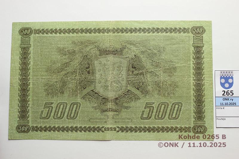 k-0265-b.jpg - Kohde 265 (kuva 2/2), l�ht�hinta: 1400 &euro; / ei tarjouksia 500 mk 1922 SNY 189.1.2 B712055 KAL-OAs, laattan:o, preiki�, prep�, kunto: 4