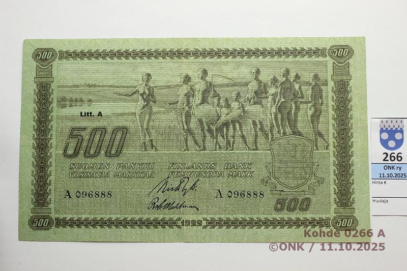 k-0266-a.jpg - Kohde 266 (kuva 1/2), lhthinta: 7000 € / ei tarjouksia 500 mk 1922 LA SNY 189.2 A096888 RYT-Wah, ex-Ekman, eritt. harvinainen, poikkeuksellinen kunto!, kunto: 6