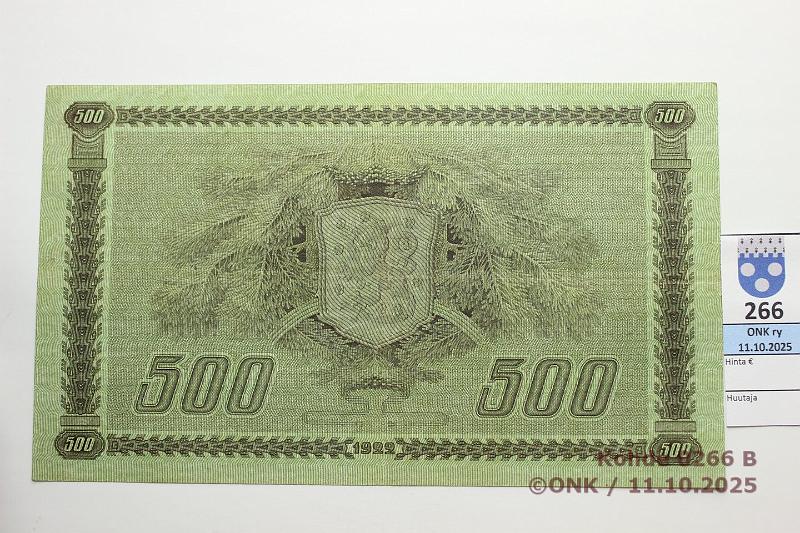 k-0266-b.jpg - Kohde 266 (kuva 2/2), lhthinta: 7000 € / ei tarjouksia 500 mk 1922 LA SNY 189.2 A096888 RYT-Wah, ex-Ekman, eritt. harvinainen, poikkeuksellinen kunto!, kunto: 6