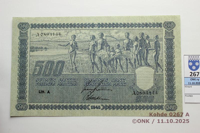 k-0267-a.jpg - Kohde 267 (kuva 1/2), lhthinta: 900 € / ei tarjouksia 500 mk 1945 LA SNY 190.1.1 A0893144 RAI-Wah, ex-Holmasto, harv kunto!, kunto: 9