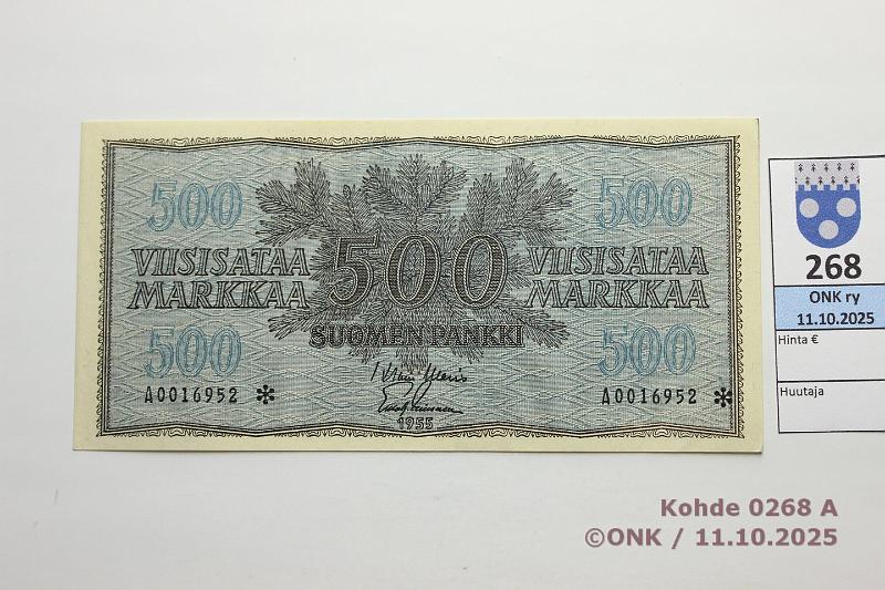 k-0268-a.jpg - Kohde 268 (kuva 1/2), lhthinta: 700 € / ei tarjouksia 500 mk 1955 A* SNY 191.2 A0016952* WAR-Lei, korvaava, painuma, kunto: 9