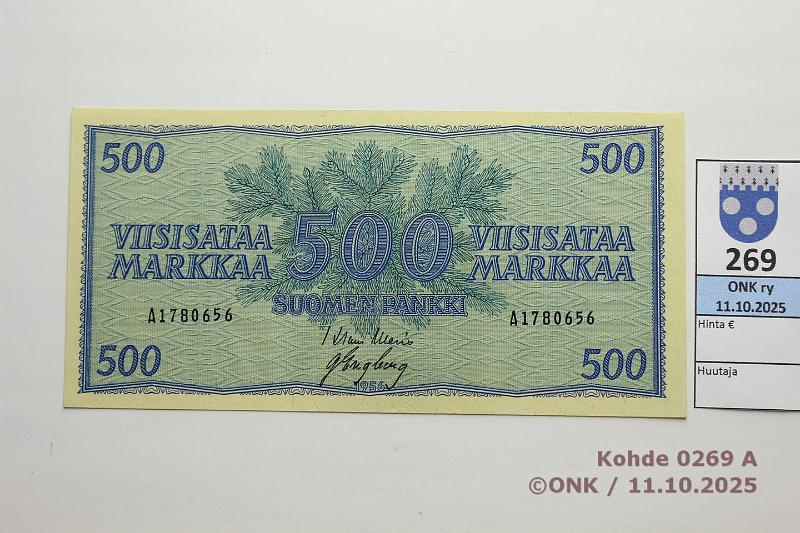 k-0269-a.jpg - Kohde 269 (kuva 1/2), l�ht�hinta: 180 &euro; / myyntihinta: 180 &euro; 500 mk 1956 SNY 192.1.1 A1780656 WAR-Eng, keltainen paperi, kunto: 9