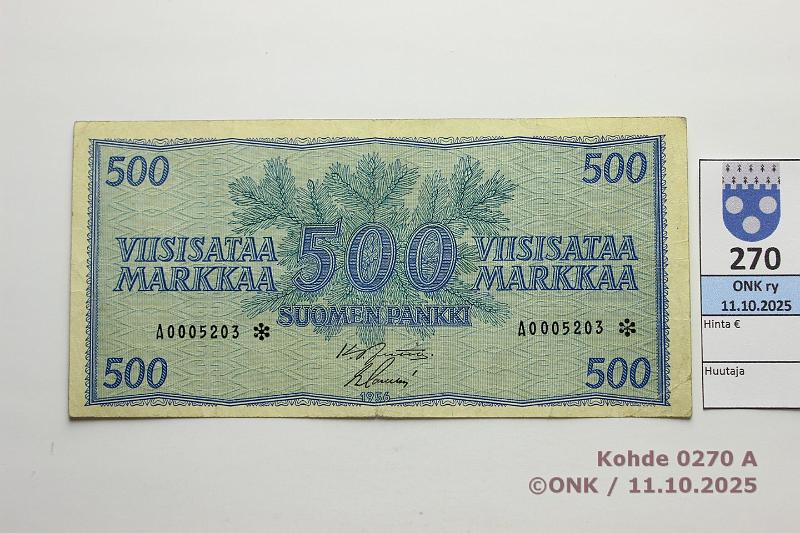 k-0270-a.jpg - Kohde 270 (kuva 1/2), lhthinta: 450 € / ei tarjouksia 500 mk 1956 A* SNY 192.2 A0005203* JUT-Sac, korvaava, prsstty, kunto: 5