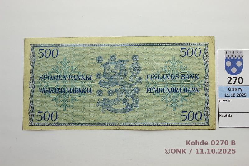 k-0270-b.jpg - Kohde 270 (kuva 2/2), lhthinta: 450 € / ei tarjouksia 500 mk 1956 A* SNY 192.2 A0005203* JUT-Sac, korvaava, prsstty, kunto: 5