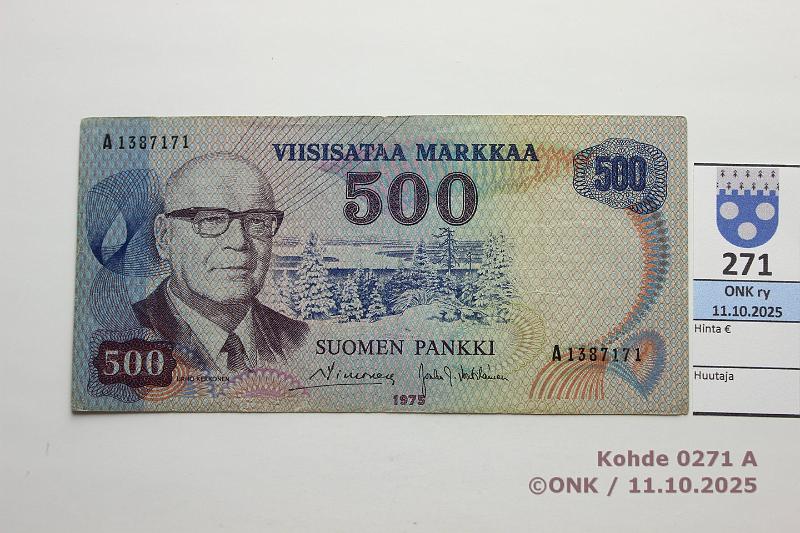 k-0271-a.jpg - Kohde 271 (kuva 1/2), l�ht�hinta: 100 &euro; / ei tarjouksia 500 mk 1975 SNY 193.1.1 A1387171 SIM-Vou, musta lanka, pr�ss�tty, kunto: 5