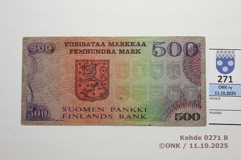 k-0271-b.jpg - Kohde 271 (kuva 2/2), lhthinta: 100 € / ei tarjouksia 500 mk 1975 SNY 193.1.1 A1387171 SIM-Vou, musta lanka, prsstty, kunto: 5