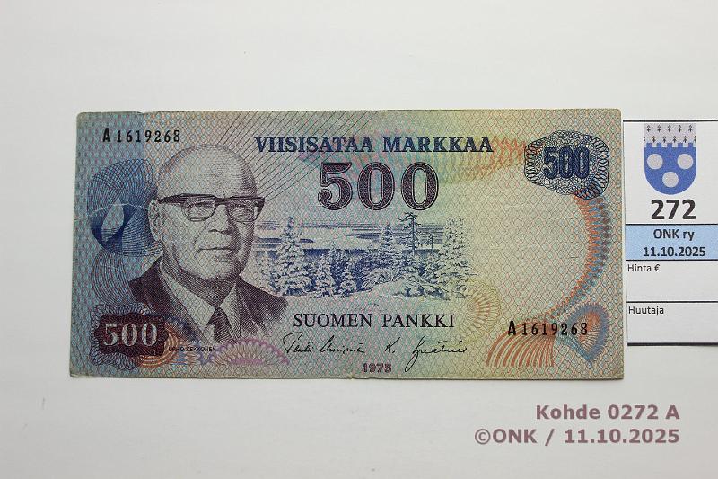k-0272-a.jpg - Kohde 272 (kuva 1/2), lhthinta: 80 € / ei tarjouksia 500 mk 1975 SNY 193.3.1 A1619268 UUS-Ign, keltainen lanka, prsstty, kunto: 4