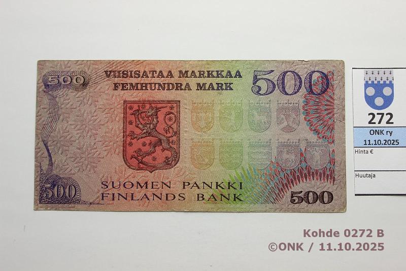 k-0272-b.jpg - Kohde 272 (kuva 2/2), lhthinta: 80 € / ei tarjouksia 500 mk 1975 SNY 193.3.1 A1619268 UUS-Ign, keltainen lanka, prsstty, kunto: 4