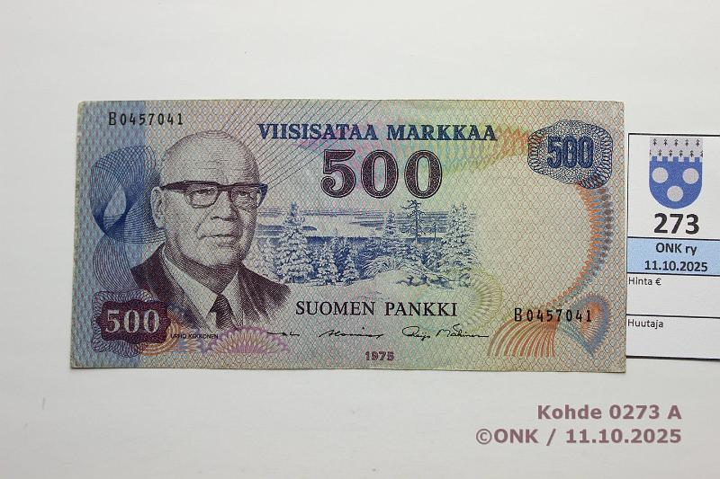 k-0273-a.jpg - Kohde 273 (kuva 1/2), l�ht�hinta: 80 &euro; / ei tarjouksia 500 mk 1975 SNY 193.3.1 B0457041 AL I-M�1, keltainen lanka, pr�ss�tty, kunto: 5