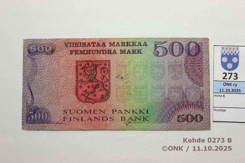 k-0273-b.jpg - Kohde 273 (kuva 2/2), l�ht�hinta: 80 &euro; / ei tarjouksia 500 mk 1975 SNY 193.3.1 B0457041 AL I-M�1, keltainen lanka, pr�ss�tty, kunto: 5