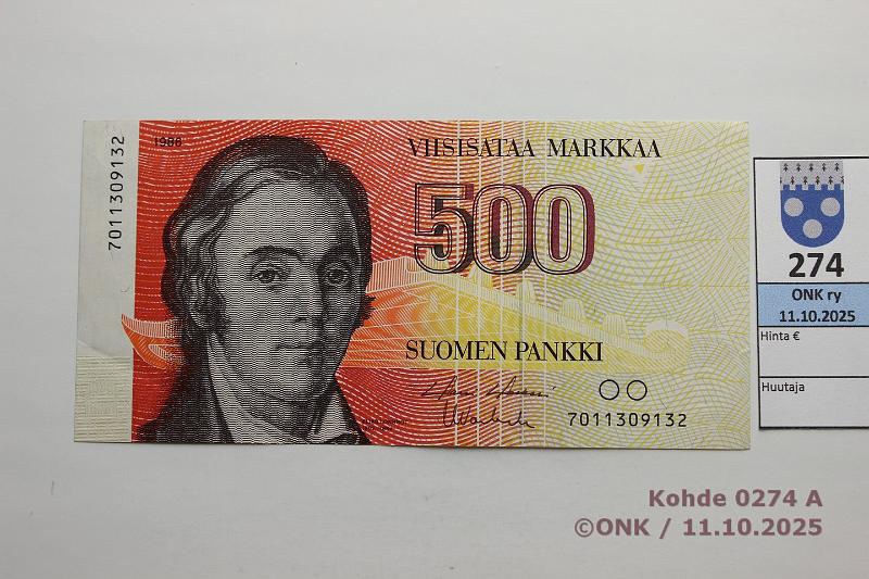 k-0274-a.jpg - Kohde 274 (kuva 1/2), lhthinta: 80 € / ei tarjouksia 500 mk 1986 SNY 194.1.1 7011309132 HOL-Va1, kunto: 6