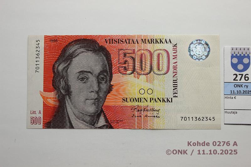 k-0276-a.jpg - Kohde 276 (kuva 1/2), l�ht�hinta: 60 &euro; / myyntihinta: 66 &euro; 500 mk 1986 LA SNY 194.2 7011362345 KU II-Ko2, kunto: 8