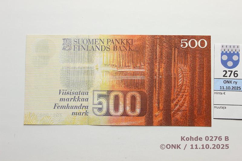 k-0276-b.jpg - Kohde 276 (kuva 2/2), lhthinta: 60 € / myyntihinta: 66 € 500 mk 1986 LA SNY 194.2 7011362345 KU II-Ko2, kunto: 8